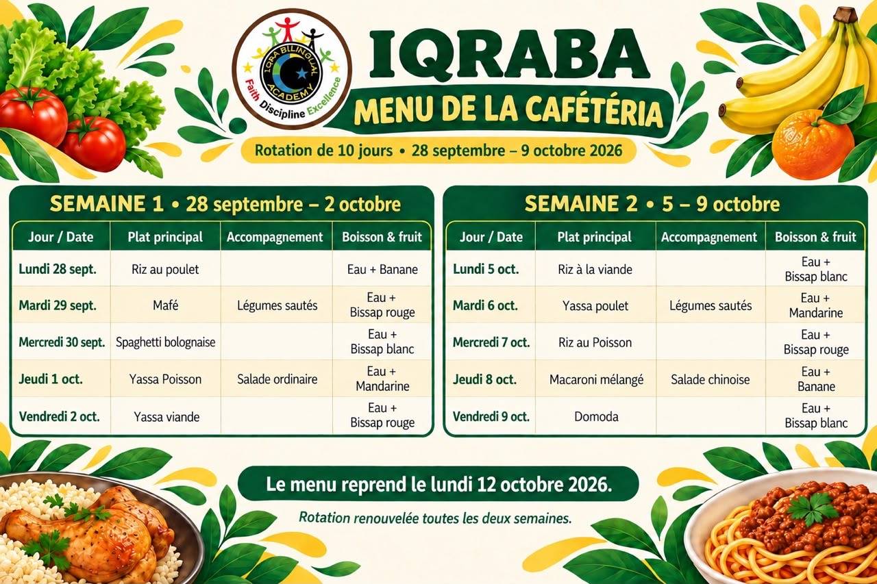 Menu pour la cafétéria